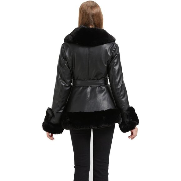 Women's Faux Leather Jacket with Faux Fur Collar Winter Long Sleeve Furry Trim - Picture 3 of 5